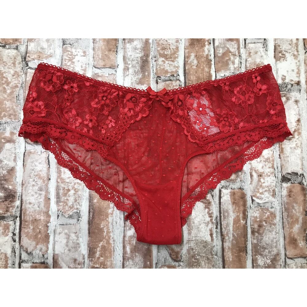 Secret Treasures Red Lace Polka Dot Panties Sexy Sheer Hipster Panty Sz 6